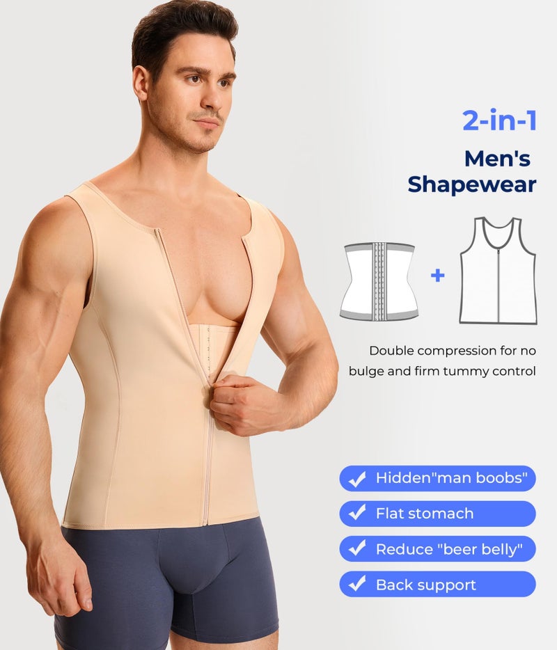 TAILONG Men Compression Shirt For Body Slimming Tank Top shaper Tight Undershirt Tummy Control Girdle (Large, Beige) - Image 1